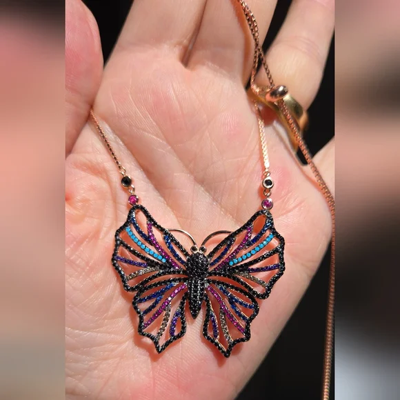 Gemstone Natural Sterling & Rosegold Butterfly Adjustable Necklace - Picture 7 of 12